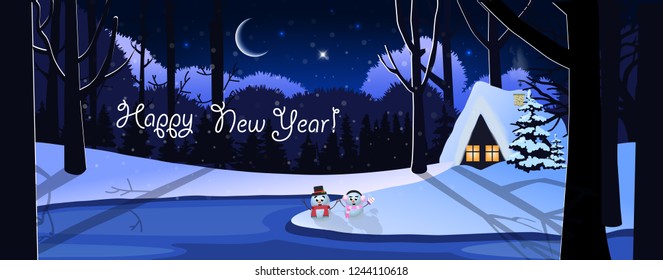 Happy new year greeting card of winter snowy night landscape scene with little house in forest and cute snowmen under the moon light. Vector illustration, banner, poster, postcard.