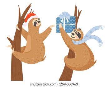 Happy New Year greeting card. Cute sloths with gift box. Sloth gives another sloth a Christmas present. Vector illustration.