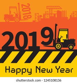 Happy New Year greeting card - fork lift truck at work, vector illustration