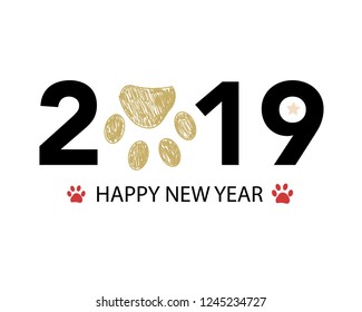 Happy new year greeting card with 2019 text and doodle red and gold paw prints