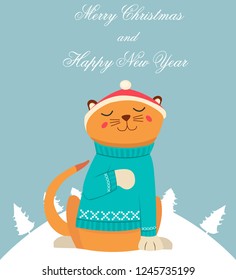 happy new year greeting card with cat