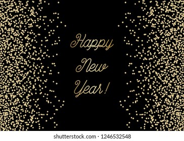 Happy New Year greeting card template with sparkling gold glitter and text in gold on black background. Elegant festive vector flyer, brochure, poster, social media post design.