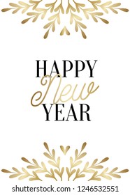 Happy New Year greeting card template with golden branches and text in black and gold on white background. Elegant festive vector flyer, brochure, poster, social media post design.
