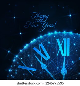 Happy New Year greeting card template with glowing low poly roman numeral clock with countdown time 5 minutes to midnight and text on dark blue background. Futuristic wireframe vector illustration.