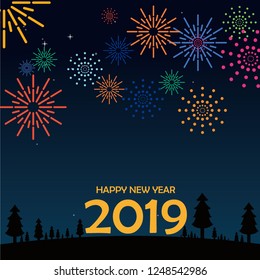 Happy new year greeting card. Happy new year 2019 written with flat fireworks colorful.