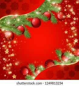  Happy New Year greeting card template. Christmas decor. Festive label for posters, posters, banners, flyers and brochures. Gold frame with sparkles and Christmas tree branches and toys