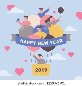 happy new year greeting card concept illustration. people ride balloon. flat design vector graphic style.