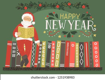 Happy New Year greeting card with hand written lettering. Santa Claus reading book.Vector illustration.