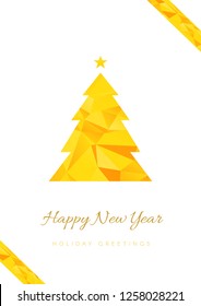 Happy New Year greeting card template. Christmas tree poly art silhouette. Calligraphic lettering