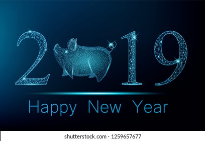 Happy New Year greeting card with cute polygonal pig on place of zero in number 2019. Bright postcard for holiday. Vector illustration on blue background