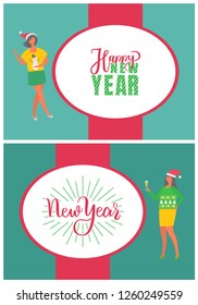 Happy New year greeting card with greetings in oval frame, woman dancing in Santa Claus hat. Girl with glass of champagne, in sweater with snowman and spruce trees flat style