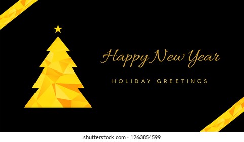 Happy New Year greeting card vector template. Christmas tree poly art silhouette with lettering