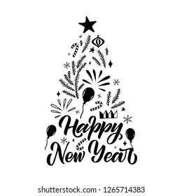Happy new year greeting card, poster or on-print. Monochrome christmas tree-shape vector lettering illustration with balloons, snowflakes, candies, Christmas toys, stars, fireworks & fir brunches.