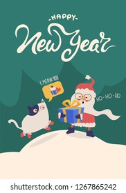 Happy new year Greeting card Santa Claus and cat with box Wishes Merry Holidays. vector