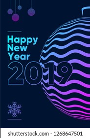 Happy new year greeting card with neon christmas ball