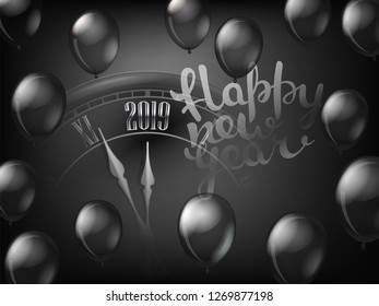 Happy new year greeting card. Black classic clock with 2019 digits on clock face