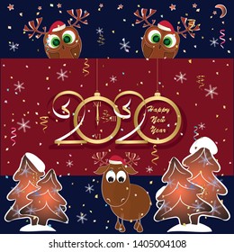 happy new year greeting card with owl and reindeer. cartoon greeting card with owl and deer. vector illustration with owl and deer.