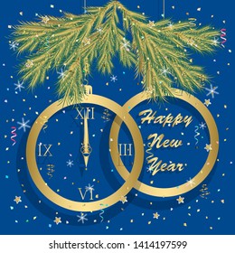 happy new year greeting card with clock. vector illustration.