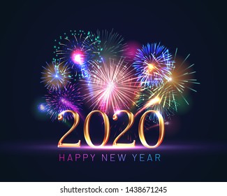 Happy new year greeting card with 2020 golden numbers and fireworks series. Celebratory template with realistic dazzling display of fireworks decoration on dark blue background vector illustration.