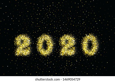 
Happy new year greeting card made of shiny golden christmas confetti on black vector premium background