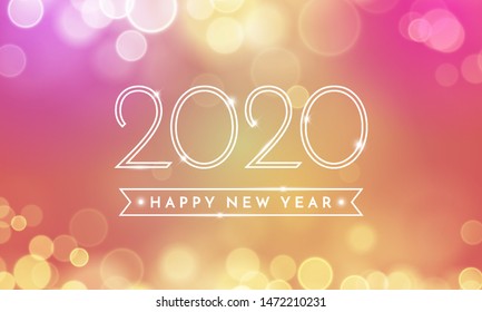 Happy New Year greeting card of 2020 confetti text and bokeh light on pink and vector golden background for Christmas holiday celebration