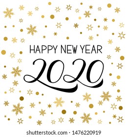 Happy New Year greeting card. Hand written numbers 2020. Gold Holidays pattern with snowflakes and dots. Typography poster. Easy to edit vector template for your design projects.