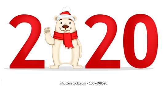 Happy New Year greeting card with number 2020 and funny Polar Bear on place of zero. Vector illustration on white background