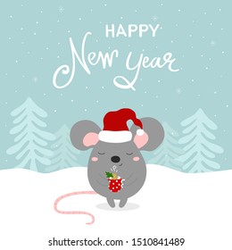 Happy New Year greeting card with cute rat, symbol of 2020 year. Chinese New Year. Vector illustration.	