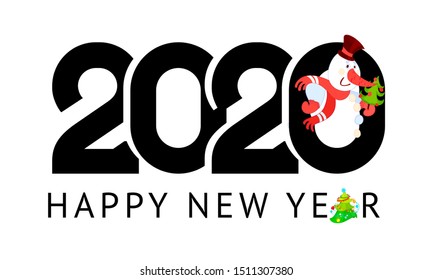 Happy New Year greeting card design 2020 with snowman, can also be used for title banner, flyer, calendar, poster, invitation, annual report
