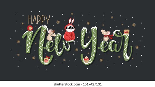 Happy New Year greeting card with handwritten calligraphy and hand-drawn decorative elements and animals.