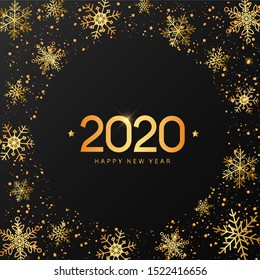 Happy New year greeting card, poster, banner, invitation design. typography quote decorated with golden snowflakes and texture on black background. festive frame/border template. EPS 10 - Shutterstock ID 1522416656