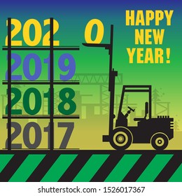Happy New Year greeting card - fork lift truck at work, vector illustration