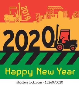 Happy New Year greeting card - fork lift truck at work, vector illustration