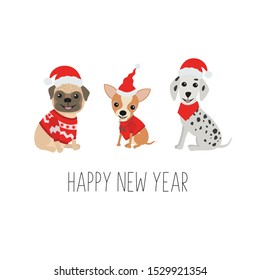 Happy New Year greeting card. Cute dogs in funny Christmas costumes. Isolated on white background.