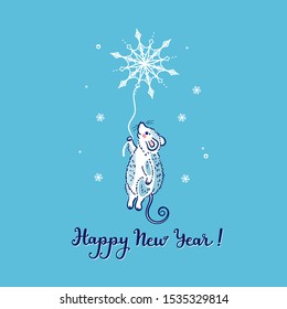 Happy New Year! Greeting Card with Flying Cute Mouse or Rat with Snowflakes. Winter Holiday Background with Cartoon Doodle Little Mice Print. Chinese New Year 2020
