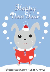 happy new year greeting card with a hare in santa claus costume, vector, illustration
