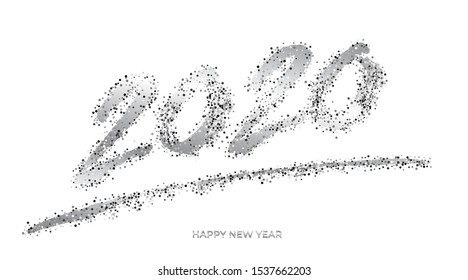 Happy new year greeting card vector template. Christmas holiday banner luxury design. Festive postcard with glitter brush stroke effect. Shiny silver 2020 number illustration with typography