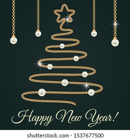 Happy New Year. Greeting card design with pears, chains, gold Christmas tree.