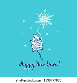 Happy New Year! Greeting Card with Flying Cute Mouse or Rat with Snowflakes. Winter Holiday Background with Cartoon Doodle Little Mice. Chinese New Year 2020 Print.