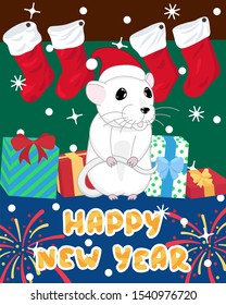 happy new year greeting card with cute white rat in christmas hat with gift boxes and  stockings, editable vector illustration for holidays decoration