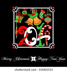 Happy New Year Greeting Card with Christmas Objects on Black Background, Vector Version 