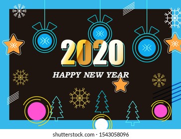 Happy new year greeting card. 2020 inscription in thin line style. Creative banner design for your projects. Thin icons set. Modern creative illustration.