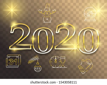 Happy new year greeting card. 2020 inscription in thin line style. Creative banner design for your projects. Thin icons set. Modern creative illustration.