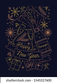 Happy New Year greeting card vector template. Winter holidays congratulation. Festive linear items. Champagne bottle and presents. New Year celebration. Postcard, poster line art design.