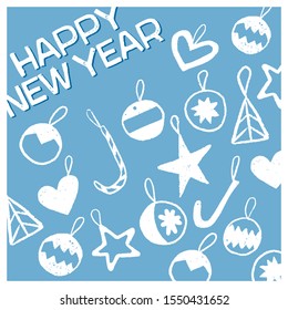 
Happy New Year greeting card or postcard template with holiday decorations. Vector illustration in lineart style.