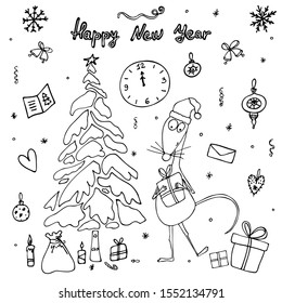 Happy new year greeting card. Cute rat is holding a New Year's gift in his hands. Template for Happy New Year 2020 greeting card, banner, poster. Christmas elements, Christmas tree, gifts, toys.
