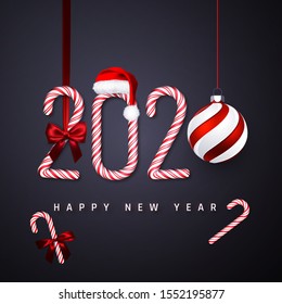 Happy New Year greeting card. Candy cane number 2020 with santa hat, bow with ribbon and xmas ball on dark background. Holiday Background. Vector illustration.