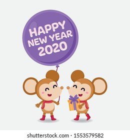 Happy New Year Greeting card 2020 with cute rats on white background. The year of the rat.