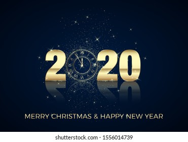 Happy New Year Greeting Card. Golden Clock instead of zero in 2020. Holiday midnight countdown. Christmas Decoration Element for Banner or Invitation. Vector illustration