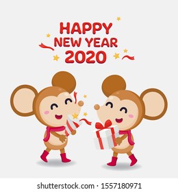 Happy New Year Greeting card 2020 with cute rats on white background. The year of the rat.